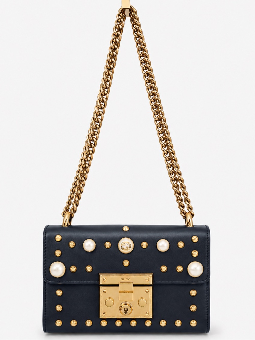 Gucci Padlock Small Shoulder Bag Agata Midnight Blue Calfskin Pearl Studs